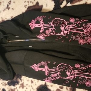 black hoodie with pink 2000s skull design